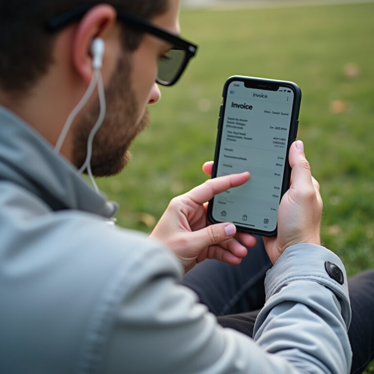 Mann hört sich eine Rechnung auf seinem Telefon an