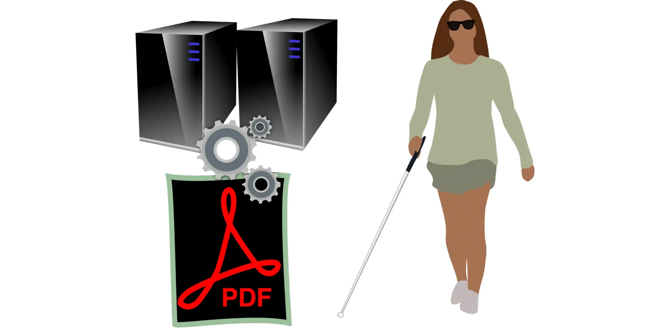 PDF générés par le système - image d'un serveur, logo PDF et personne malvoyante avec une canne
